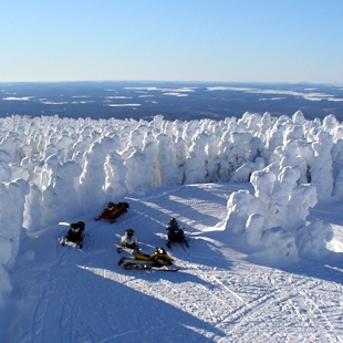 Snowmobilers and snowy trees in La Rédemption, Gaspésie